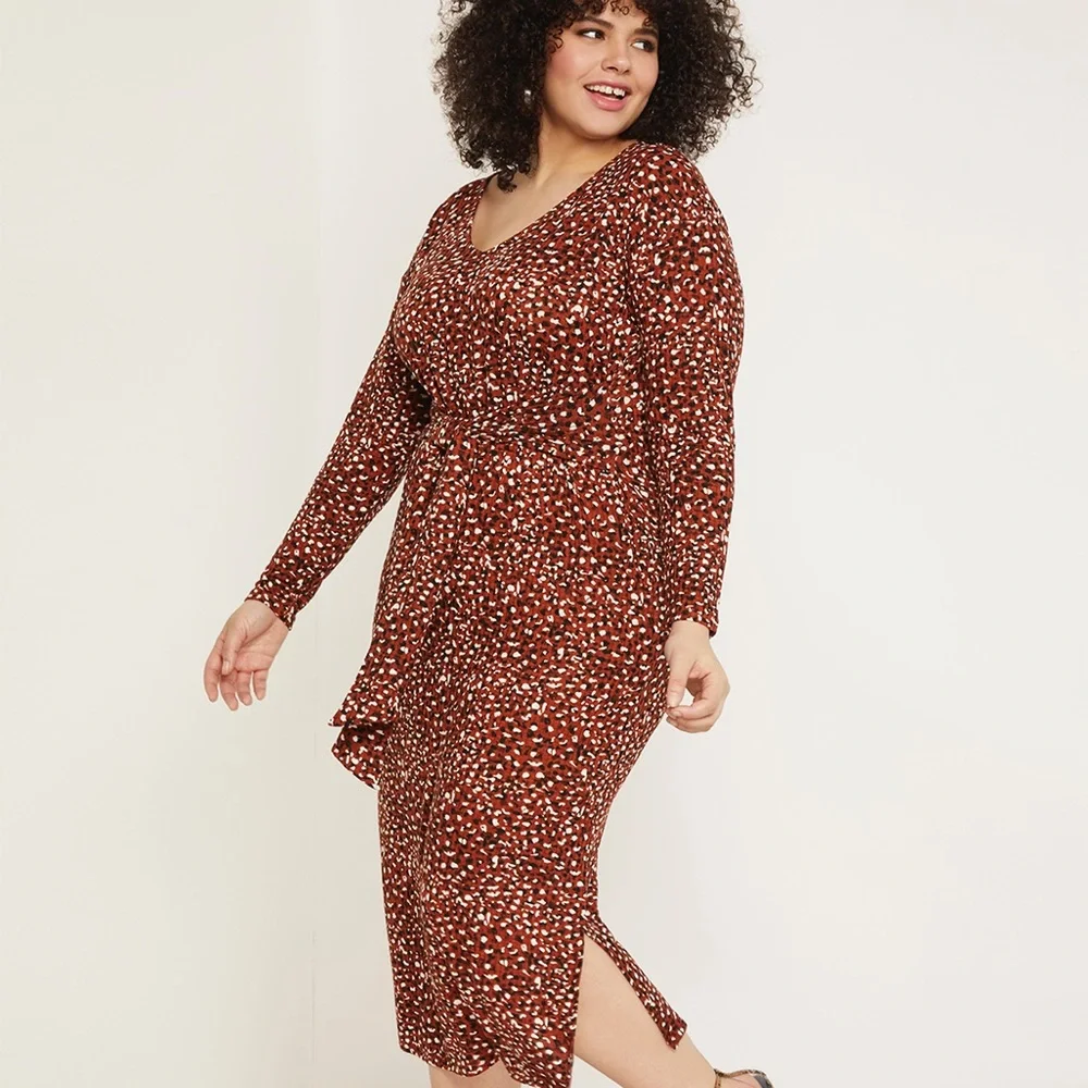 Eloquii Leopard Print Ribbed Tie Waist Midi Dress Size 18/20 - Picture 1 of 9
